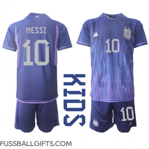 Argentinien Lionel Messi #10 Fußballbekleidung Auswärtstrikot Kinder WM 2022 Kurzarm (+ kurze hosen)